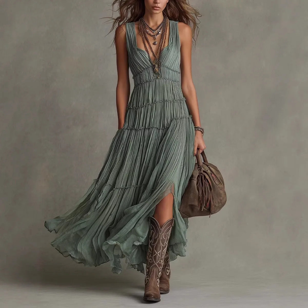🌿 Robe Longue Bohème Élégance Sauvage – Vert Sauge