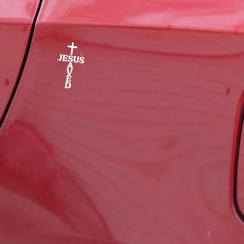 Autocollant chrétien voiture “Jesus Saved” – Croix minimaliste – Noir ou Blanc – 13x8 cm