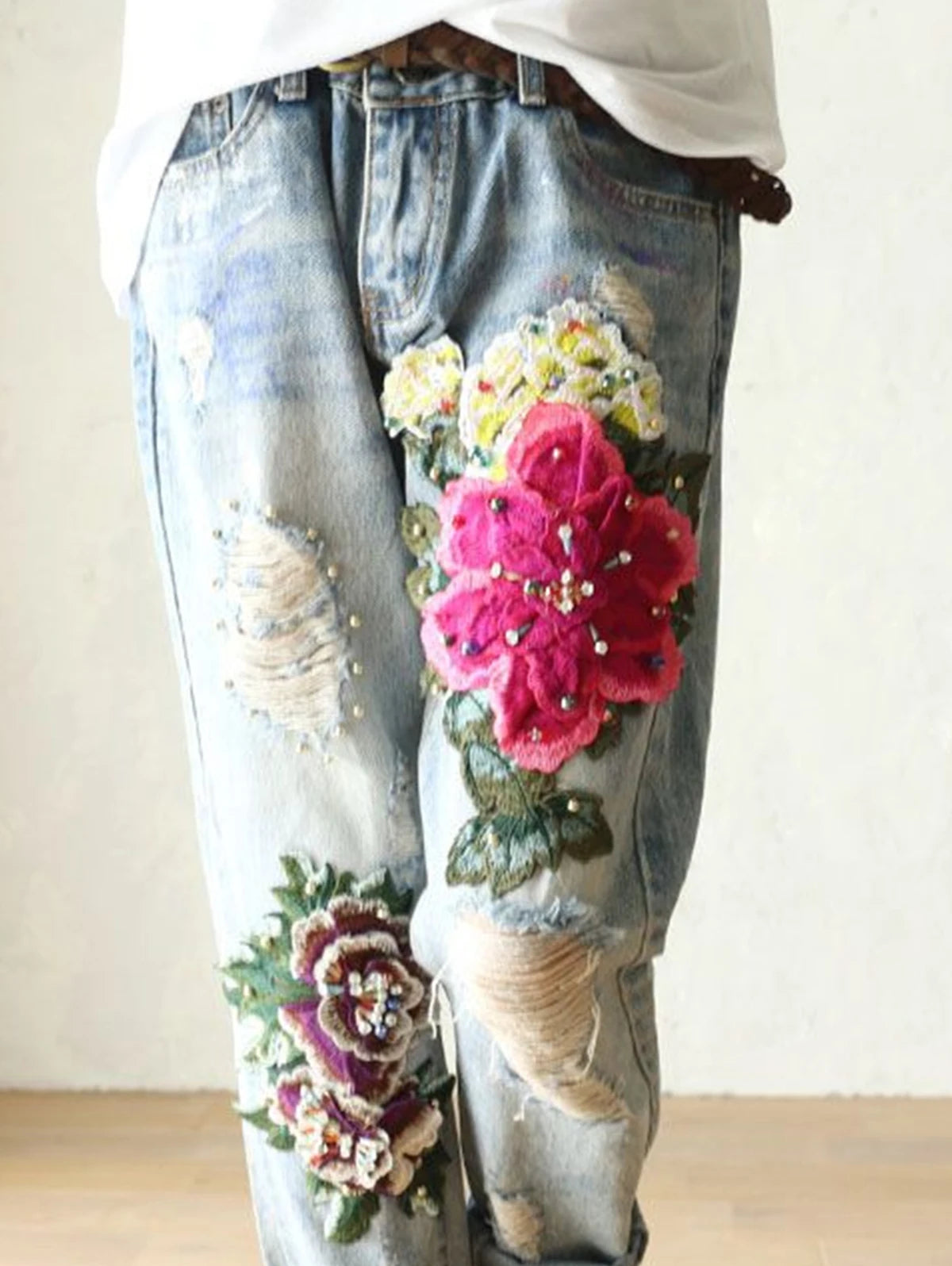 Jean Boyfriend Brodé Fleurs Vintage