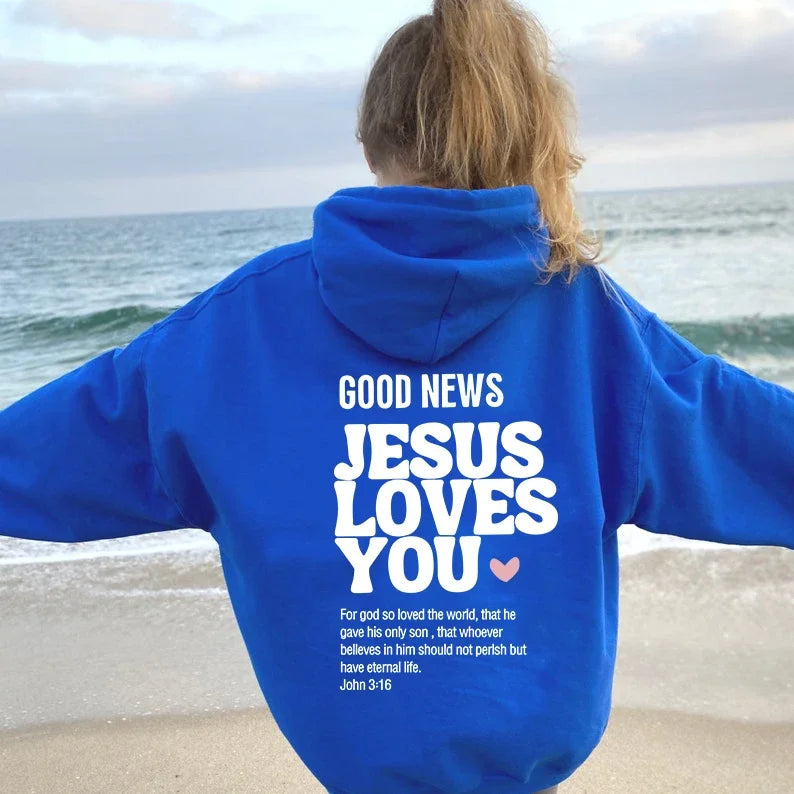 🌟 Sweat à capuche chrétien femme – “Good News Jesus Loves You” | Hoodie oversize foi & style