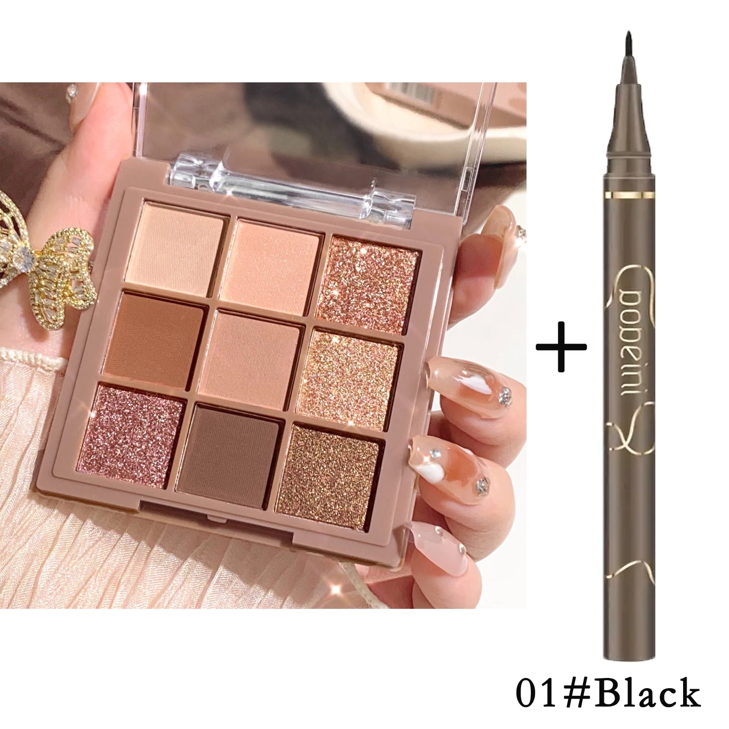 ✨ Palette Fards à Paupières Nude & Glitter – 9 Couleurs + Eyeliner Offert