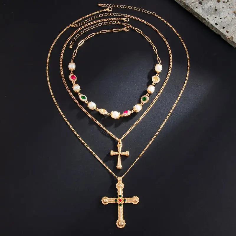 ✨ Collier Multirangs Croix & Cœurs – Perles & Pierres Colorées – Style Bohème Chic Chrétien