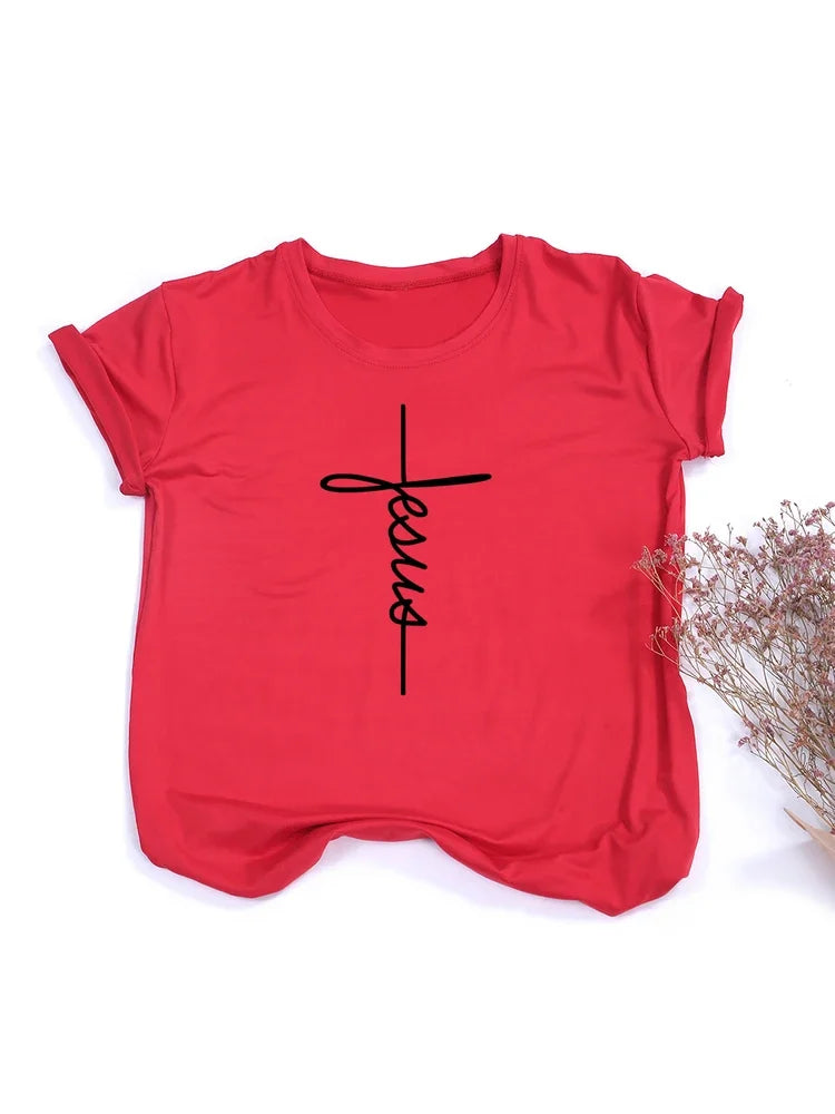 T-shirt chrétien “Jesus” – Croix minimaliste | Femme – Foi & Simplicité