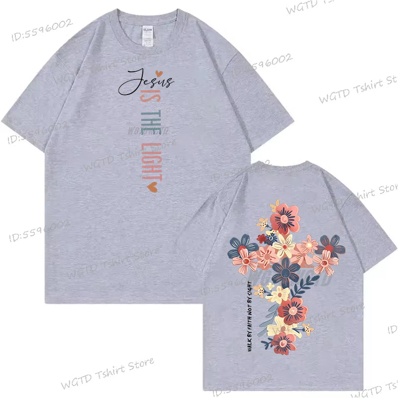 🌸Tee-shirt Chrétien Femme “Jesus Is The Light” – Croix Florale Dos – T-Shirt Biblique Inspirant – 12 Coloris