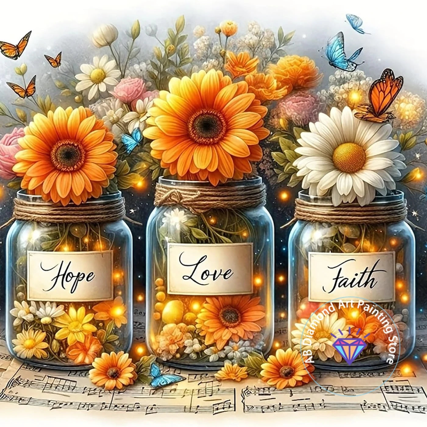 Tableau “Faith • Hope • Love” – Diamond Painting Chrétien | Art méditatif de lumière