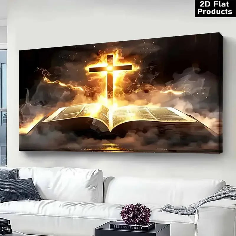 Tableau “La Croix de Feu et la Parole Vivante” – Peinture murale chrétienne sur toile | Puissance du Saint-Esprit et gloire divine