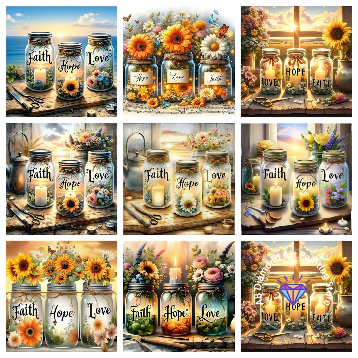 Tableau “Faith • Hope • Love” – Diamond Painting Chrétien | Art méditatif de lumière