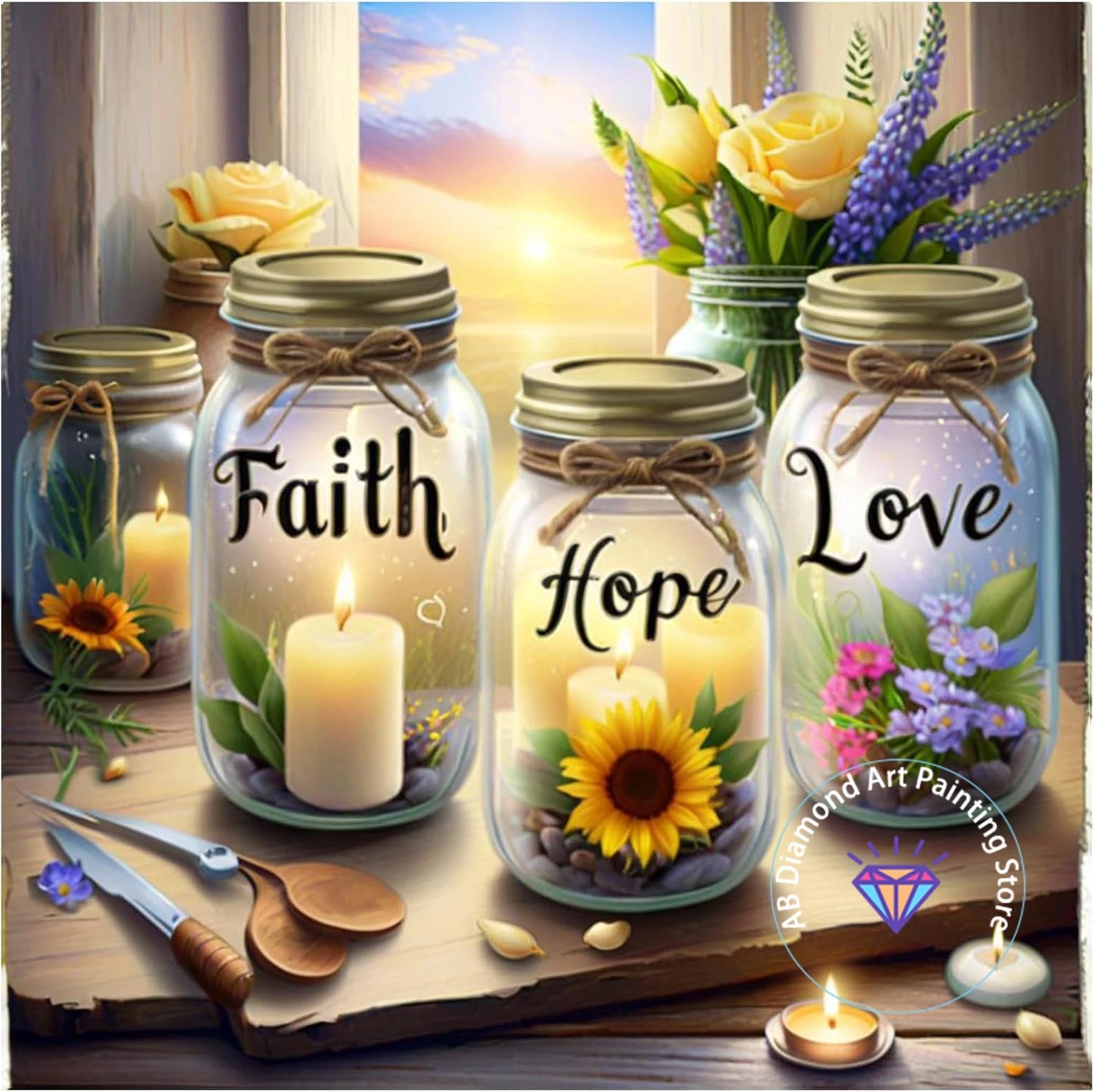 Tableau “Faith • Hope • Love” – Diamond Painting Chrétien | Art méditatif de lumière