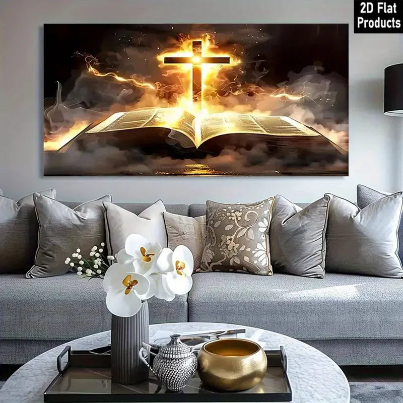 Tableau “La Croix de Feu et la Parole Vivante” – Peinture murale chrétienne sur toile | Puissance du Saint-Esprit et gloire divine