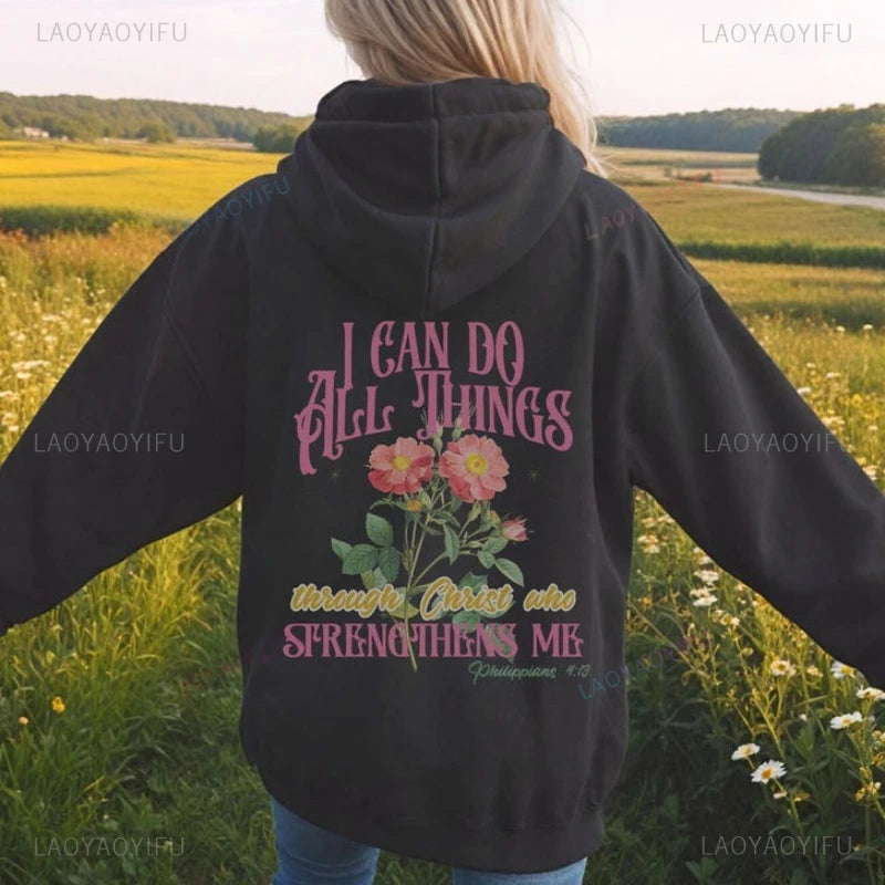 Sweat chrétien femme – “I Can Do All Things Through Christ” | Philippiens 4:13 | Style oversize floral