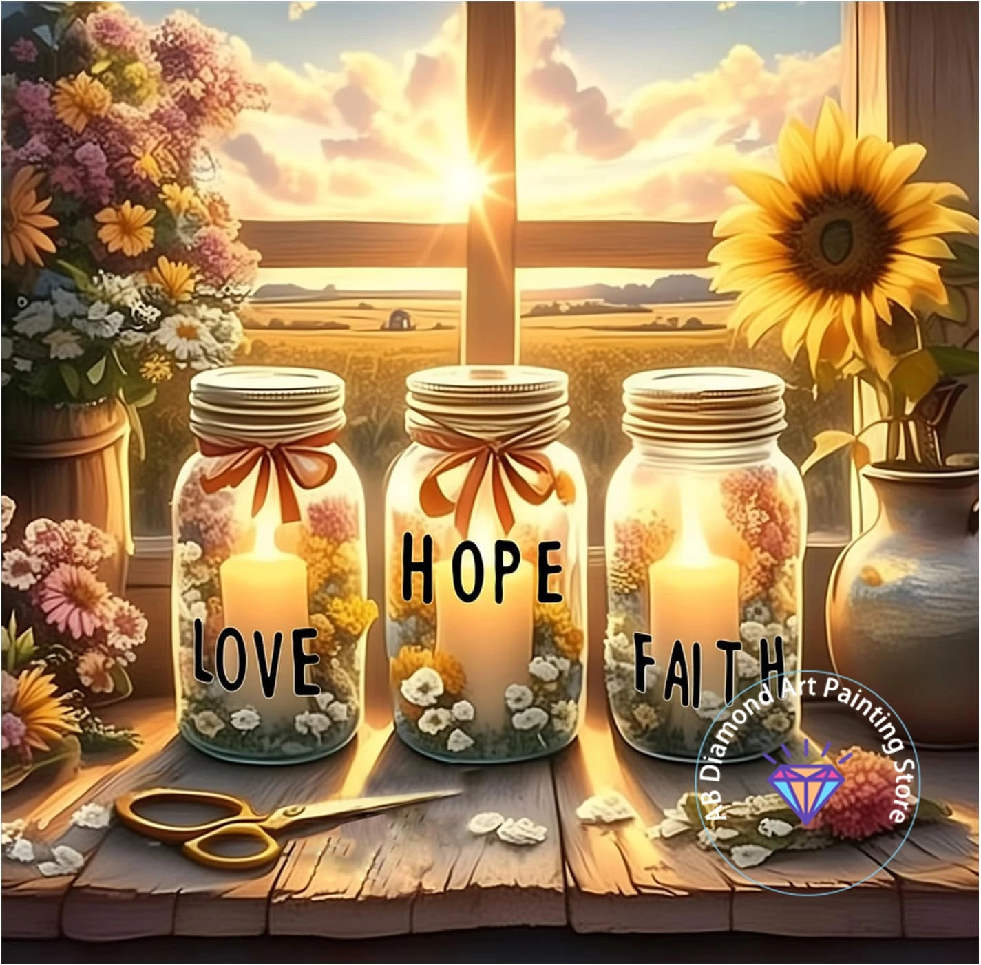 Tableau “Faith • Hope • Love” – Diamond Painting Chrétien | Art méditatif de lumière