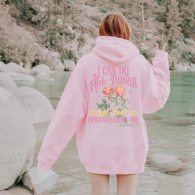 Sweat chrétien femme – “I Can Do All Things Through Christ” | Philippiens 4:13 | Style oversize floral