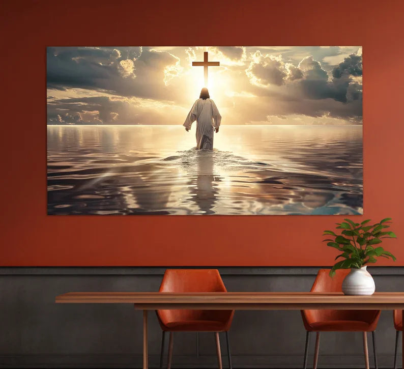 Tableau mural – Jésus-Christ marche sur les eaux | Art chrétien spirituel sur toile, foi et lumière