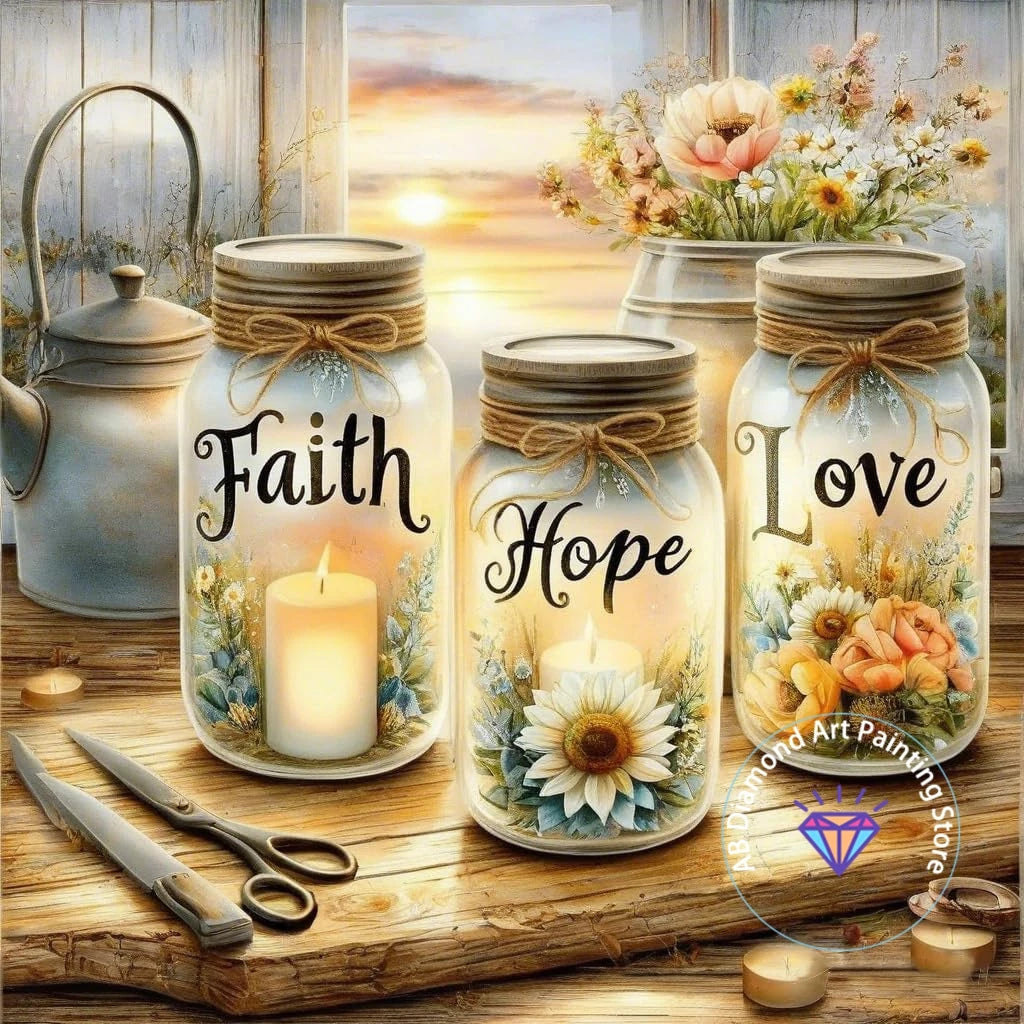 Tableau “Faith • Hope • Love” – Diamond Painting Chrétien | Art méditatif de lumière