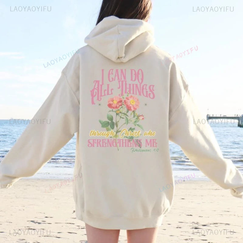 Sweat chrétien femme – “I Can Do All Things Through Christ” | Philippiens 4:13 | Style oversize floral