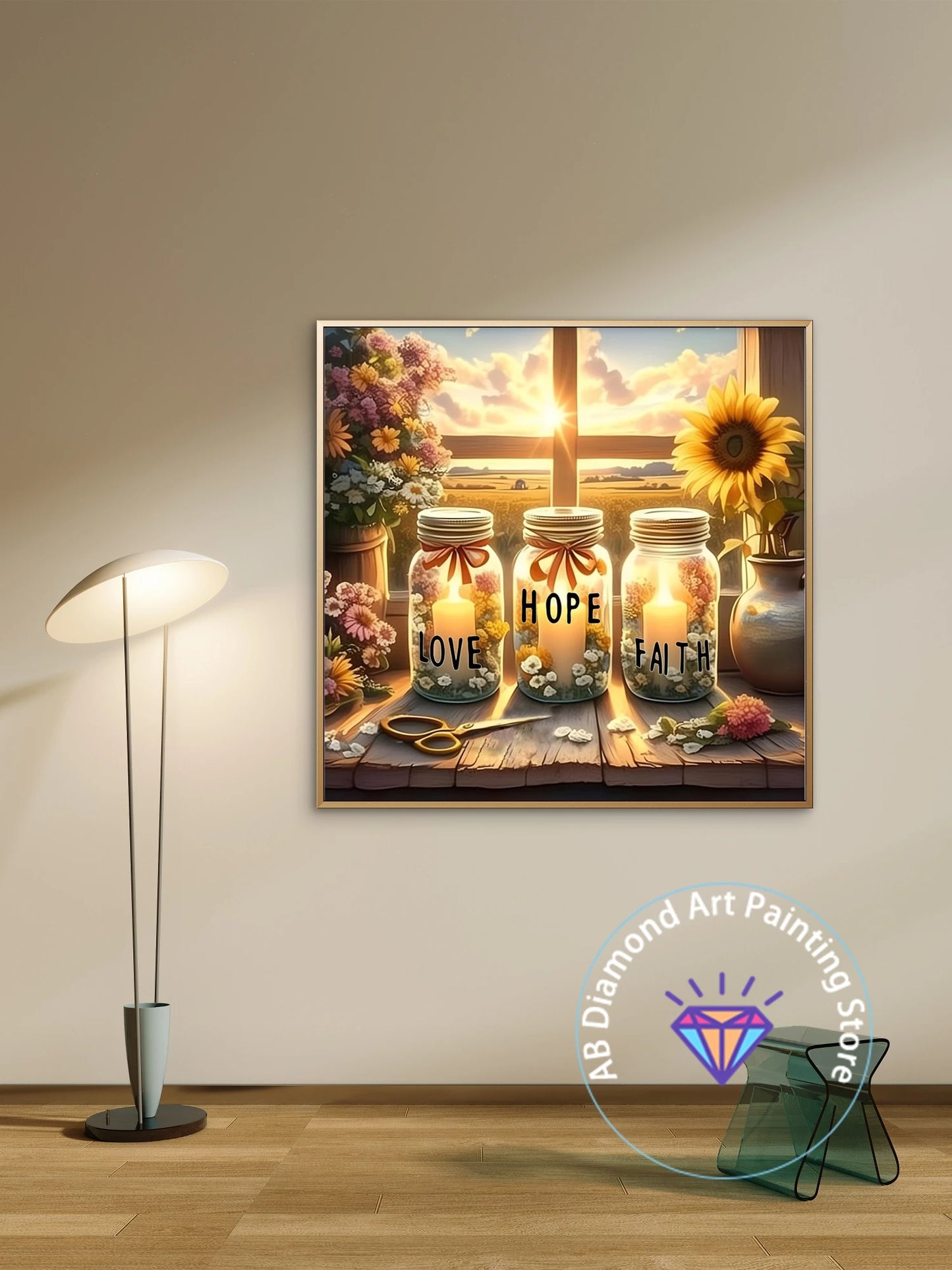 Tableau “Faith • Hope • Love” – Diamond Painting Chrétien | Art méditatif de lumière