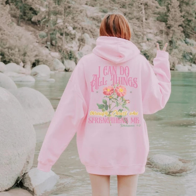 Sweat chrétien femme – “I Can Do All Things Through Christ” | Philippiens 4:13 | Style oversize floral