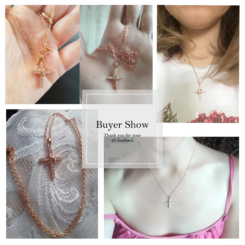 ✨ Collier Croix Cristaux – Plaqué Or Rose ou Argent | Bijou Chrétien Élégant Femme