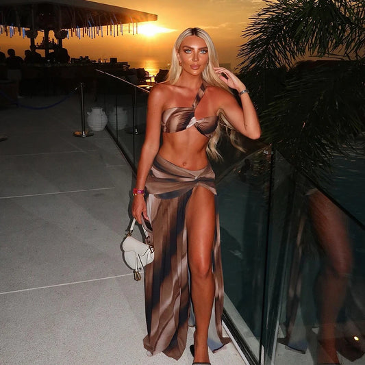 Bikini 3 pièces asymétrique femme avec jupe voile – Ensemble plage chic sunset | Hope, Light & Sun