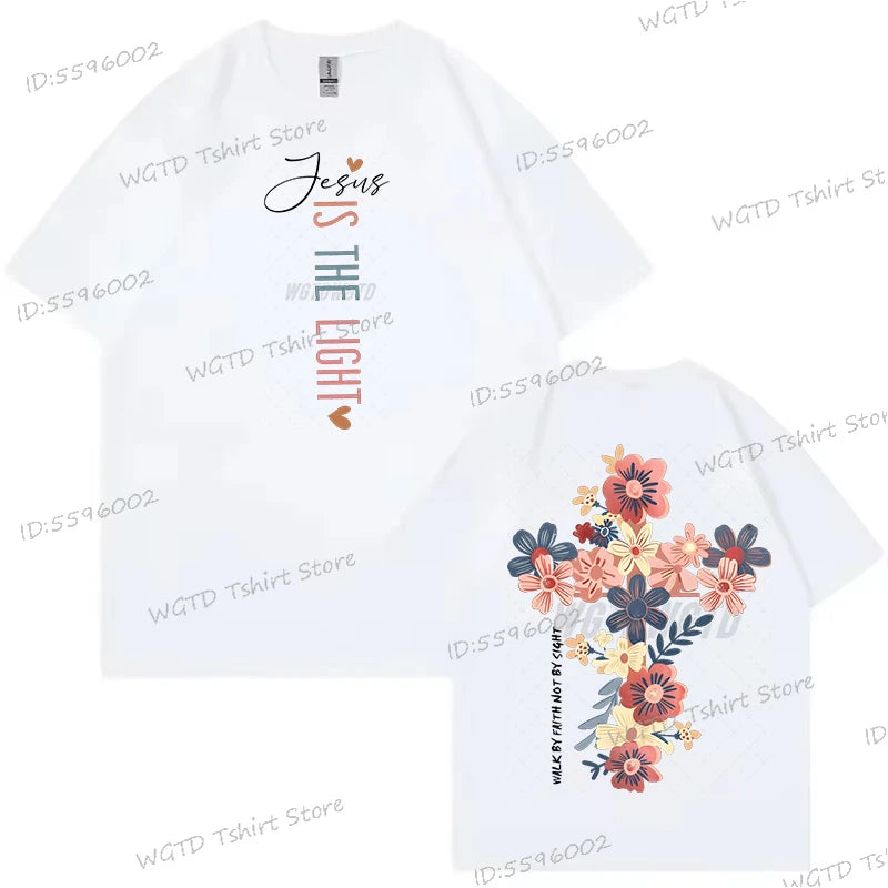 🌸Tee-shirt Chrétien Femme “Jesus Is The Light” – Croix Florale Dos – T-Shirt Biblique Inspirant – 12 Coloris