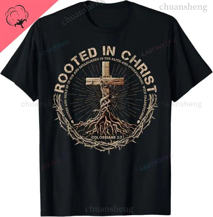 T-Shirt Chrétien Homme “Rooted in Christ” – Colossiens 2:7 – Tee-Shirt Foi Masculin du S au XXXL (Bleu, Rouge, Noir, Gris)