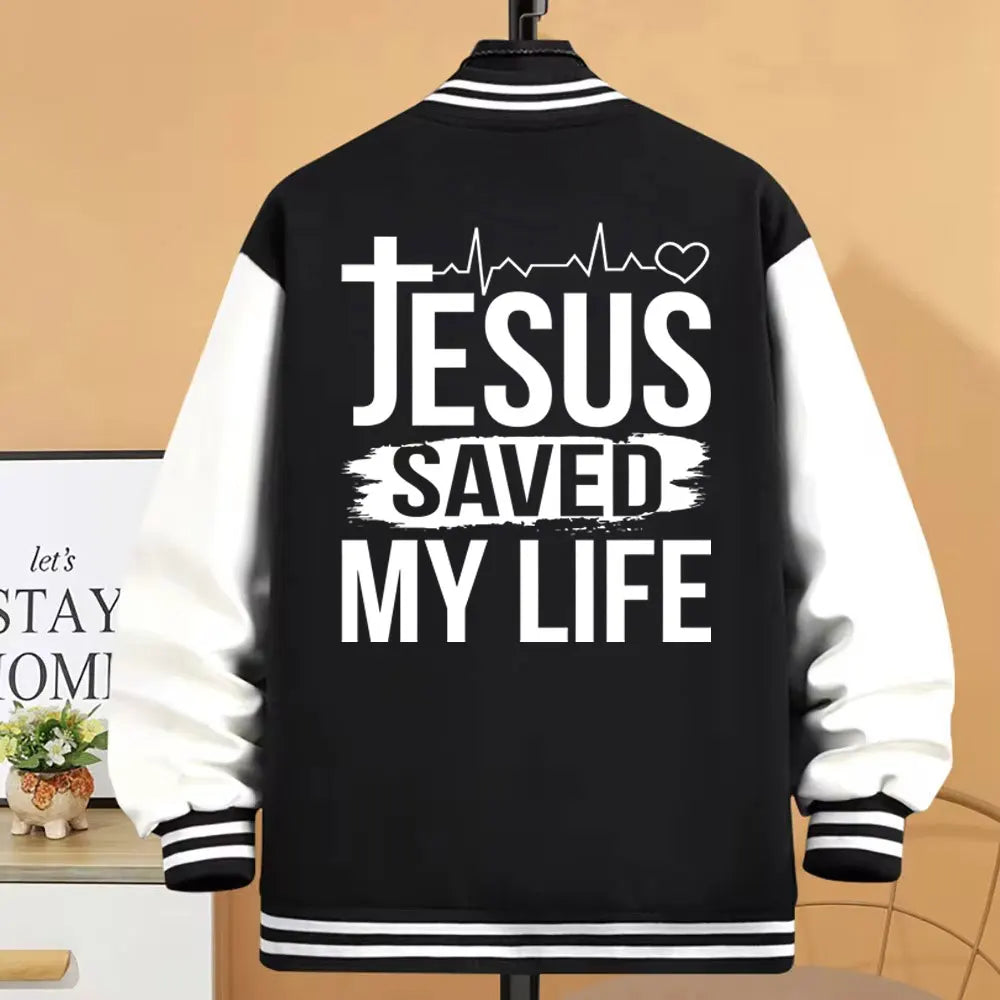 Veste Baseball "Jesus Saved My Life" – Jacket Femme  et homme Streetwear Chrétien – Style & Foi (S à XXXL)