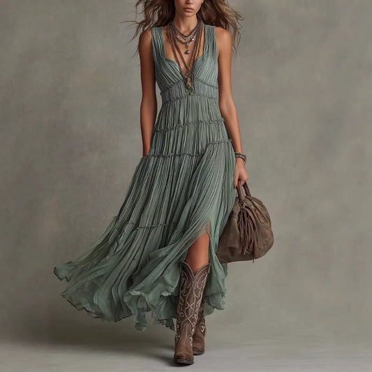 🌿 Robe Longue Bohème Élégance Sauvage – Vert Sauge