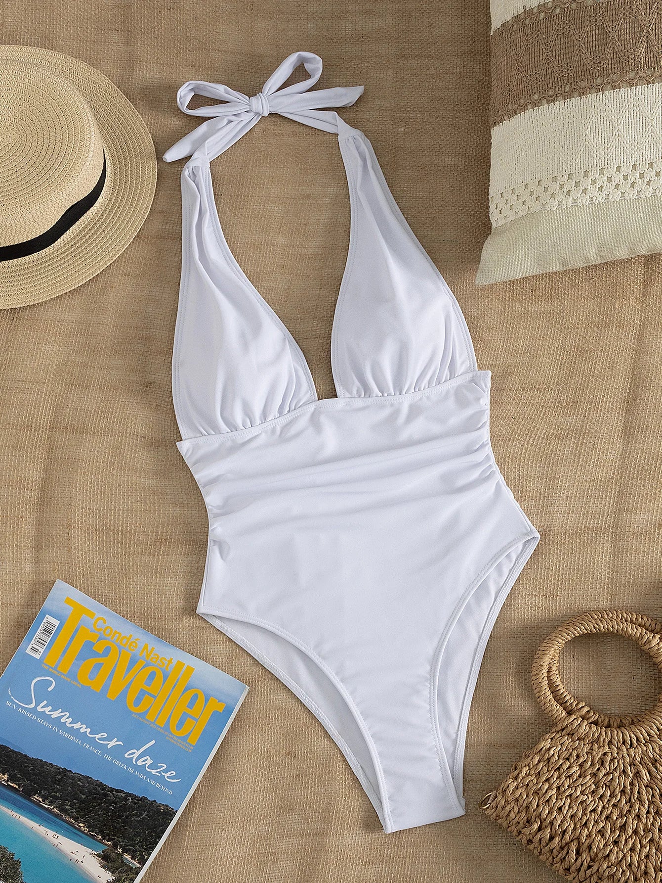 Maillot de Bain Une Pièce Blanc Col Halter Décolleté Plongeant | Hope And Light Girlz