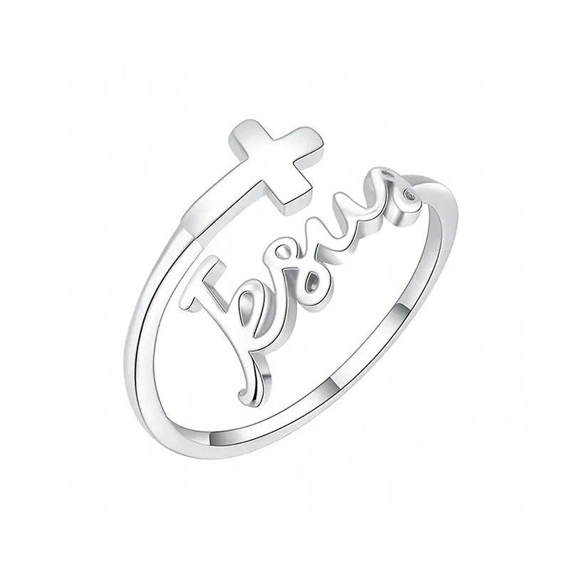 Bague “Jésus-Christ” Argentée — Croix Fine & Écriture Élégante