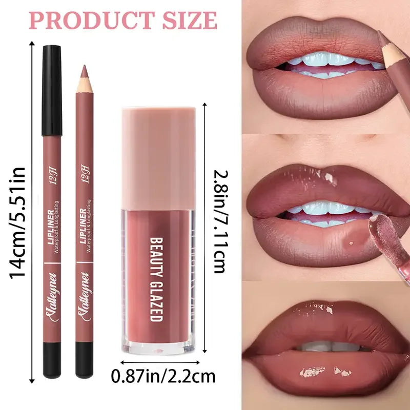 Kit Contour Lèvres & Gloss Waterproof Beauty Glazed – Effet Pulpeux Longue Tenue Nude Girly