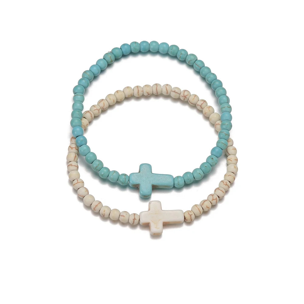 Duo de Bracelets Croix – Turquoise & Ivoire