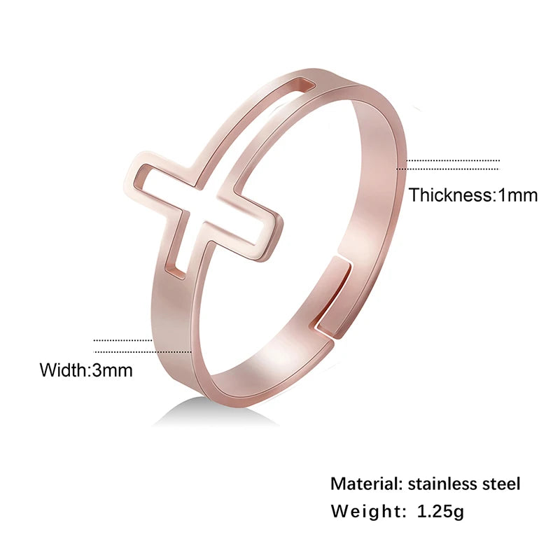 🌿 Bague Croix Femme Ajustable en Acier Inoxydable – Or, Argent ou Or Rose – Anneau Chrétien Minimaliste