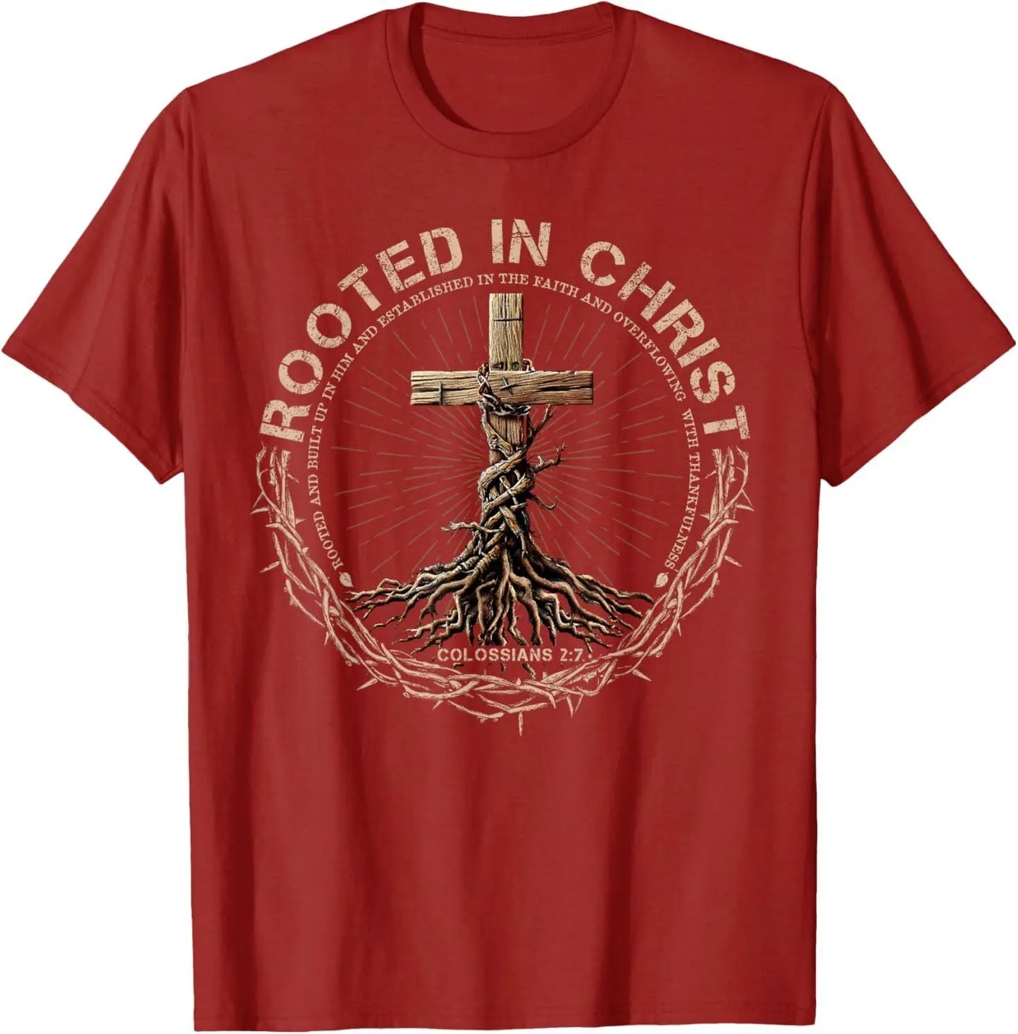 T-Shirt Chrétien Homme “Rooted in Christ” – Colossiens 2:7 – Tee-Shirt Foi Masculin du S au XXXL (Bleu, Rouge, Noir, Gris)