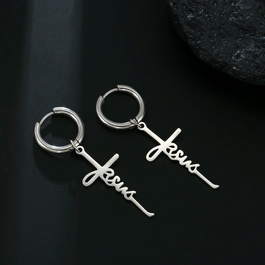 Boucles d’Oreilles Croix "Jesus" – Acier Inoxydable Or ou Argent – Bijoux Foi Femme Élégants