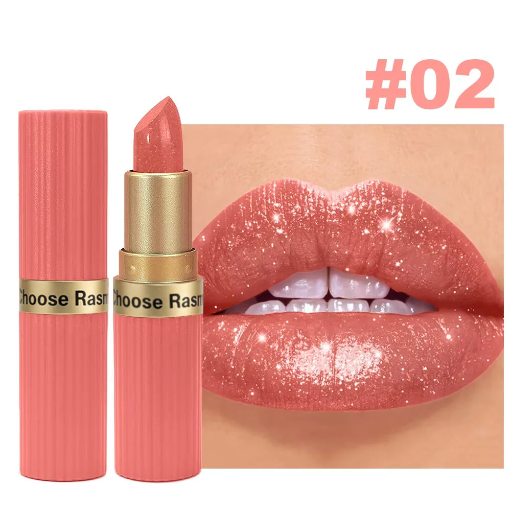 Rouge à Lèvres Pailleté Nude Rosé Waterproof – Effet Glossy Diamant & Lèvres Pulpeuses