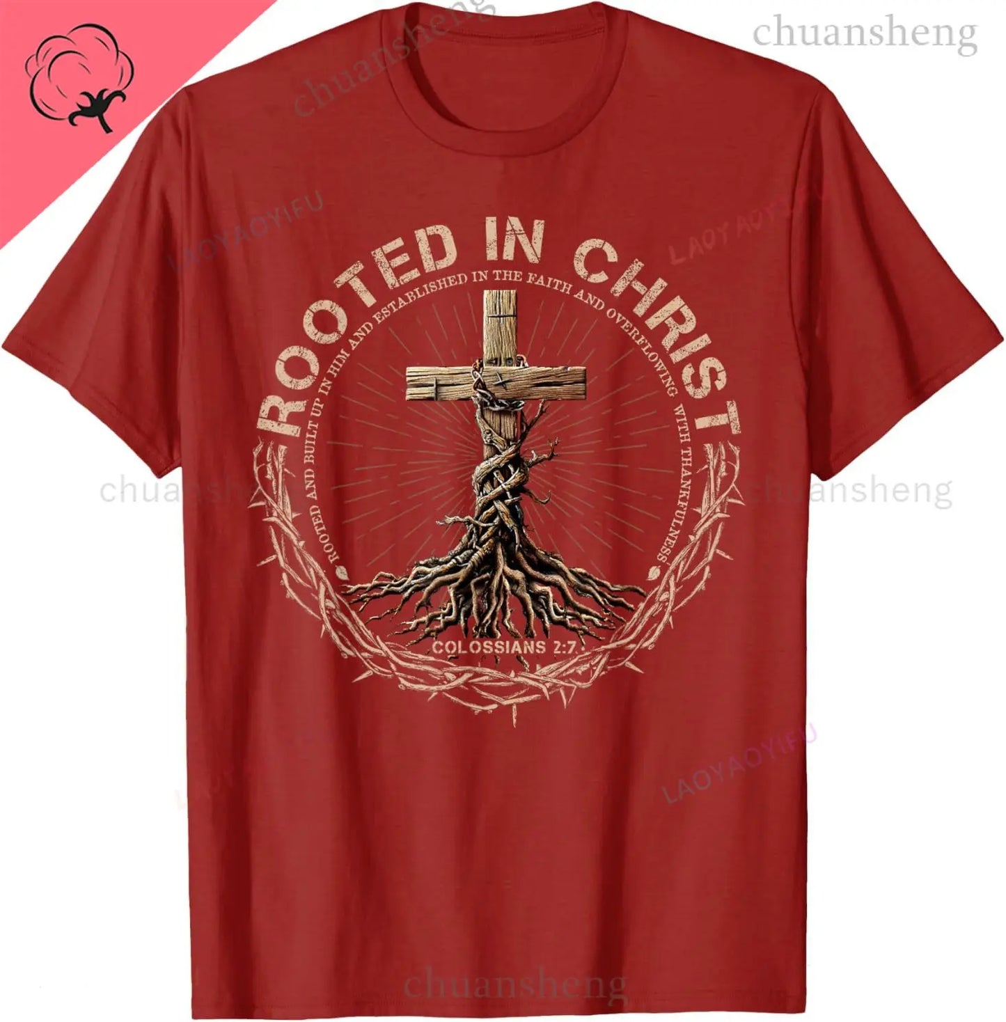 T-Shirt Chrétien Homme “Rooted in Christ” – Colossiens 2:7 – Tee-Shirt Foi Masculin du S au XXXL (Bleu, Rouge, Noir, Gris)