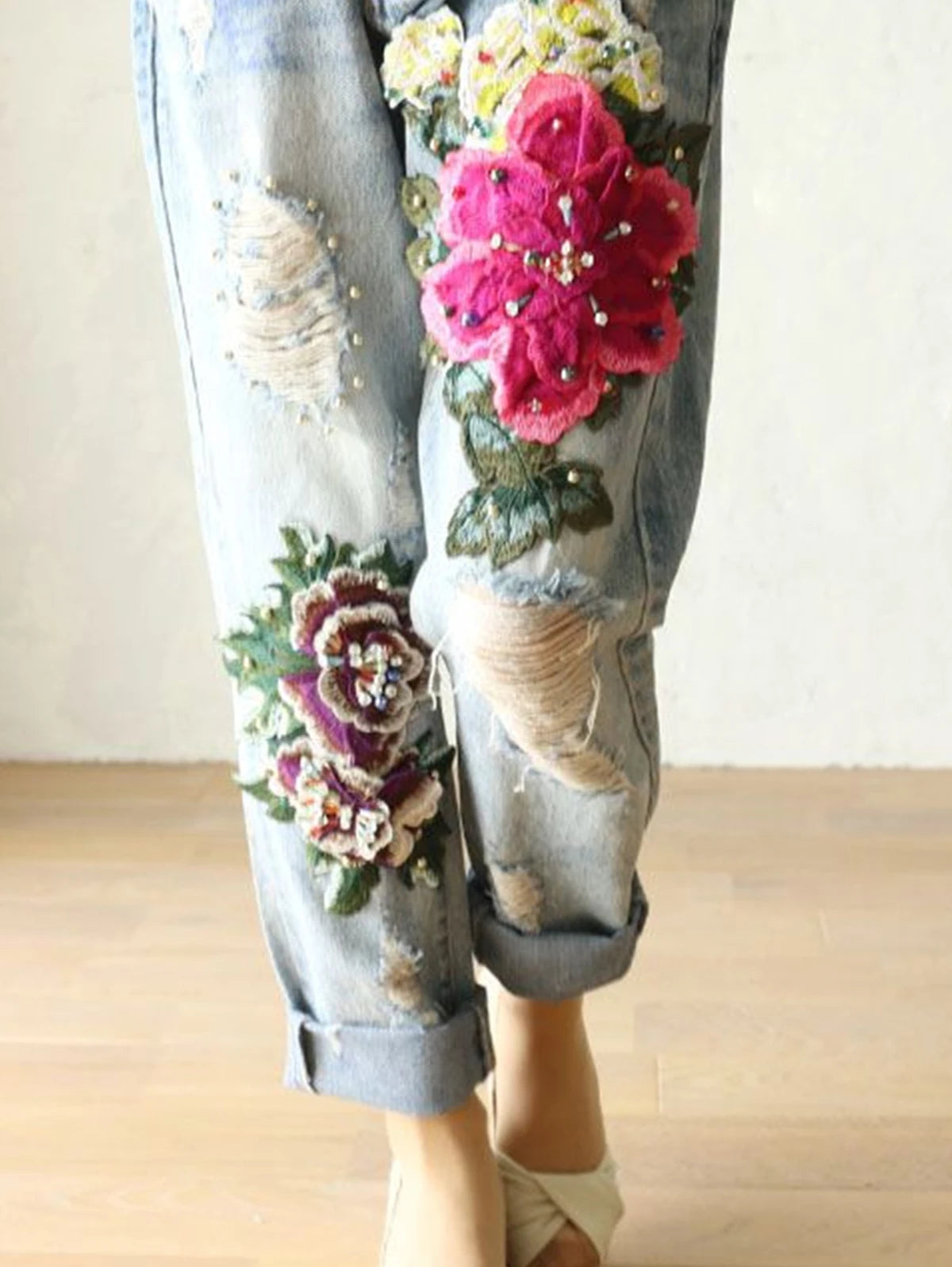 Jean Boyfriend Brodé Fleurs Vintage