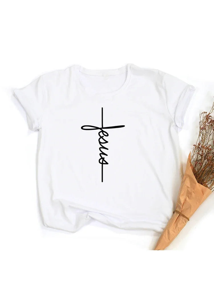 T-shirt chrétien “Jesus” – Croix minimaliste | Femme – Foi & Simplicité