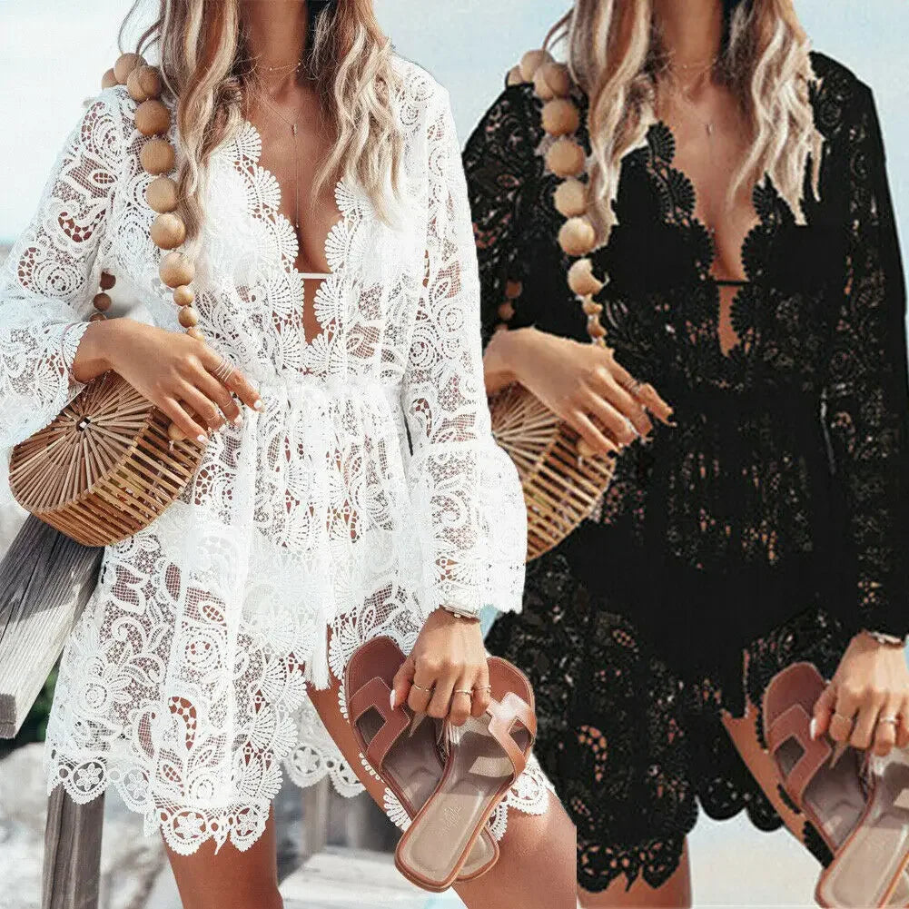 Robe de Plage Dentelle Bohème Chic "Pure Romance" – White & Black