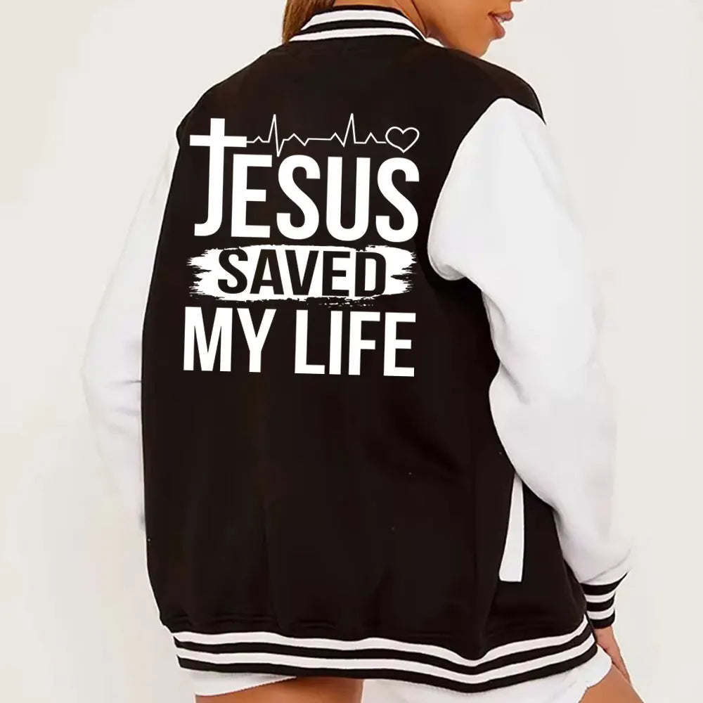 Veste Baseball "Jesus Saved My Life" – Jacket Femme  et homme Streetwear Chrétien – Style & Foi (S à XXXL)