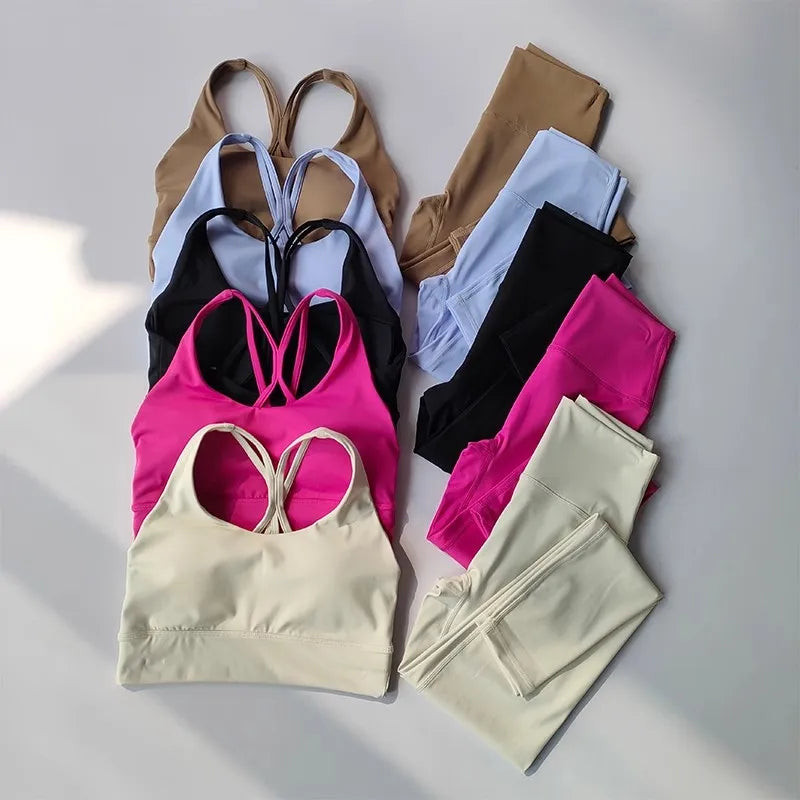 Ensemble Sport Femme Yoga &amp; Fitness – Brassière Croisée &amp; Legging Sculptant ✨ Du S au XL • Coloris Coffee, Black, Purple, Rose Red &amp; Beige