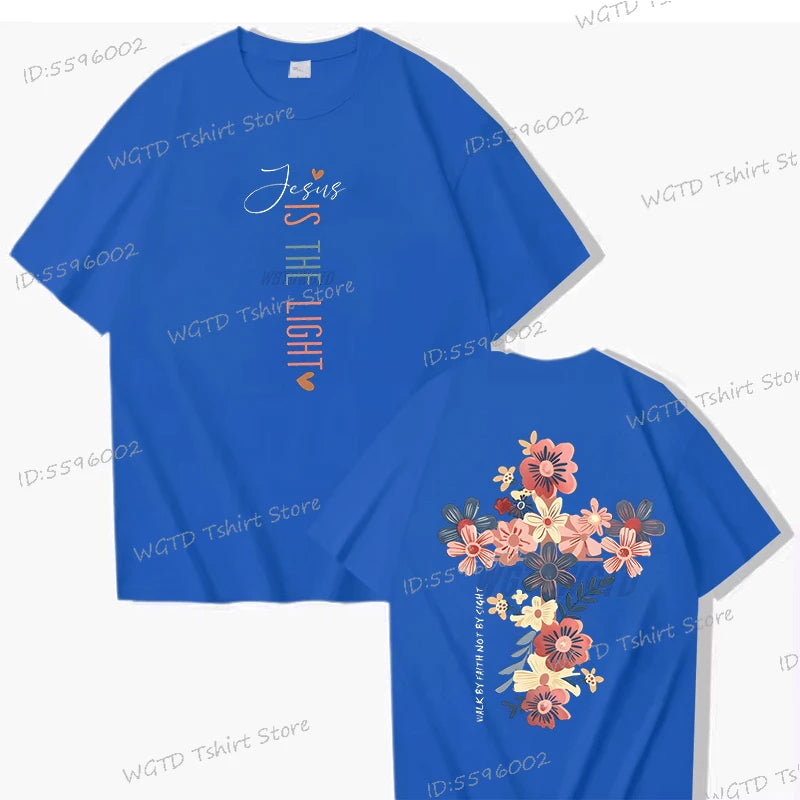 🌸Tee-shirt Chrétien Femme “Jesus Is The Light” – Croix Florale Dos – T-Shirt Biblique Inspirant – 12 Coloris