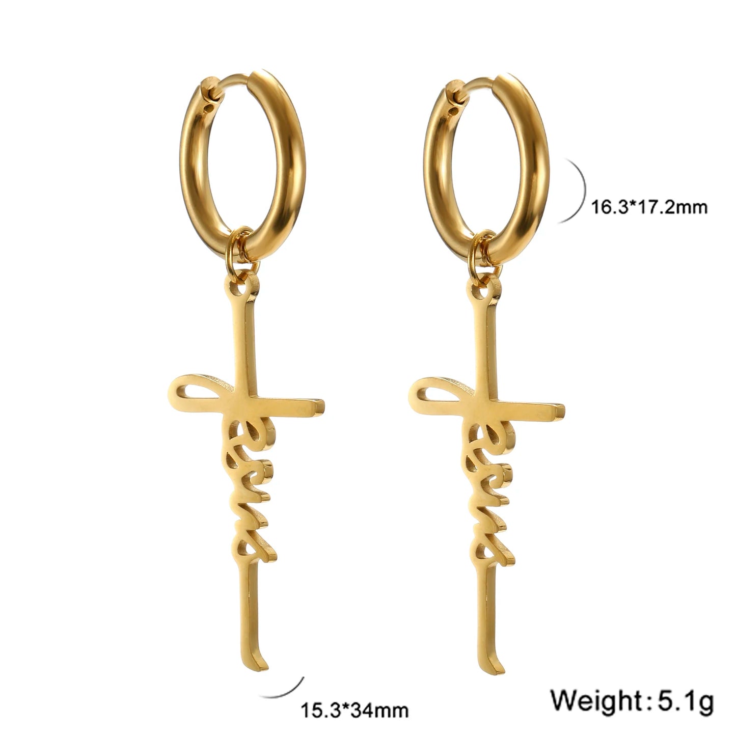 Boucles d’Oreilles Croix "Jesus" – Acier Inoxydable Or ou Argent – Bijoux Foi Femme Élégants