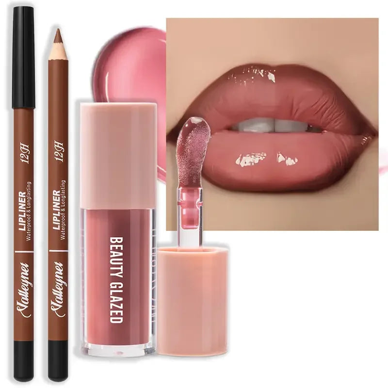 Kit Contour Lèvres & Gloss Waterproof Beauty Glazed – Effet Pulpeux Longue Tenue Nude Girly