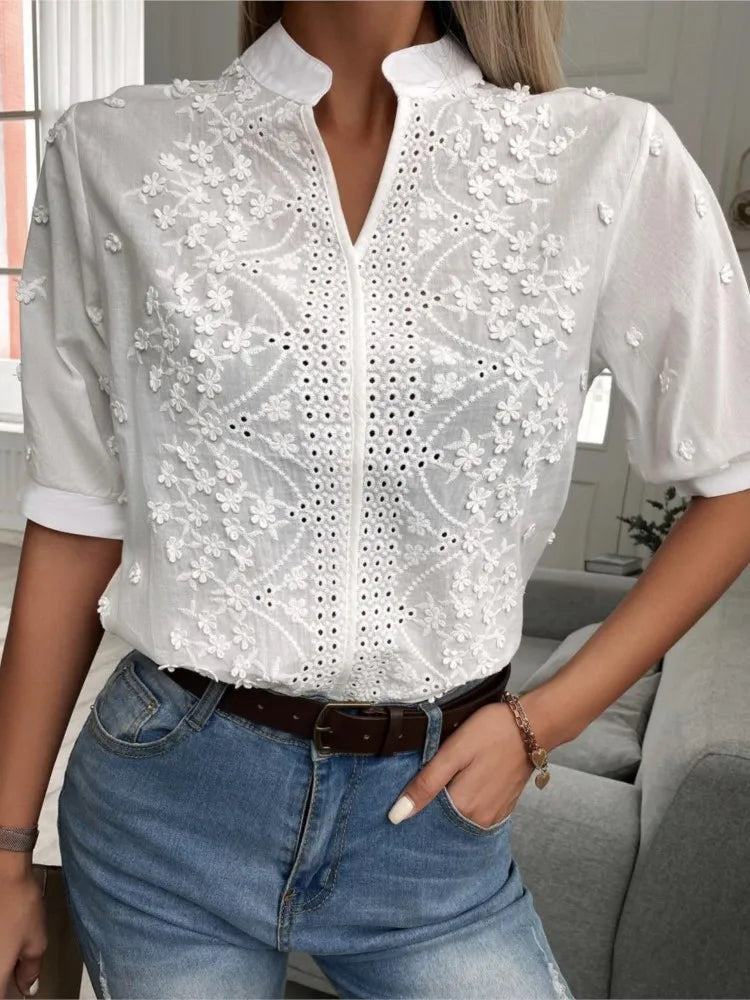 Chemisier Blanc Brodé Femme | Blouse Élégante Fleurie Chic – Hope & Light Girlz