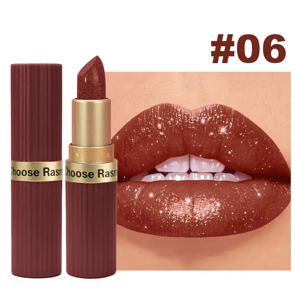 Rouge à Lèvres Pailleté Nude Rosé Waterproof – Effet Glossy Diamant & Lèvres Pulpeuses
