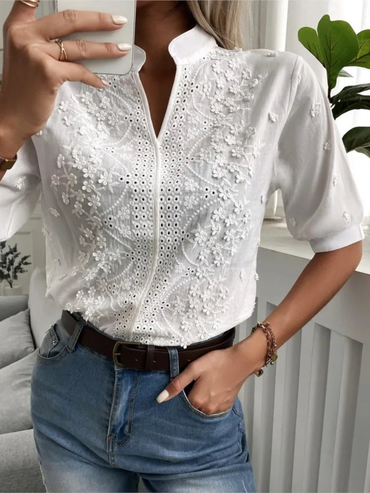 Chemisier Blanc Brodé Femme | Blouse Élégante Fleurie Chic – Hope & Light Girlz