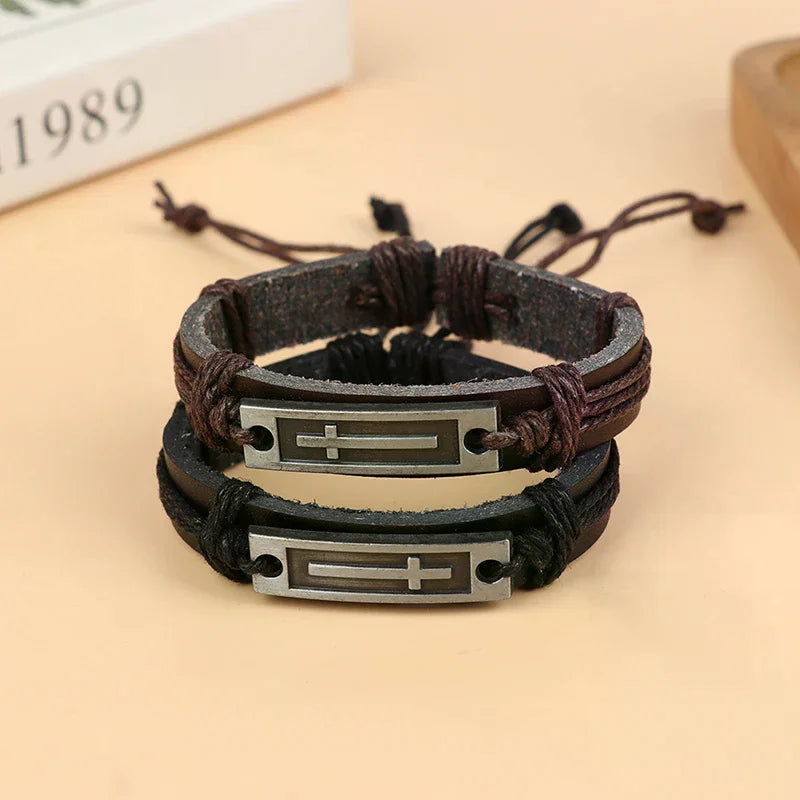 ✨ Bracelet chrétien cuir & acier – Croix minimaliste – Ajustable 18 + 5 cm – Noir ou Marron