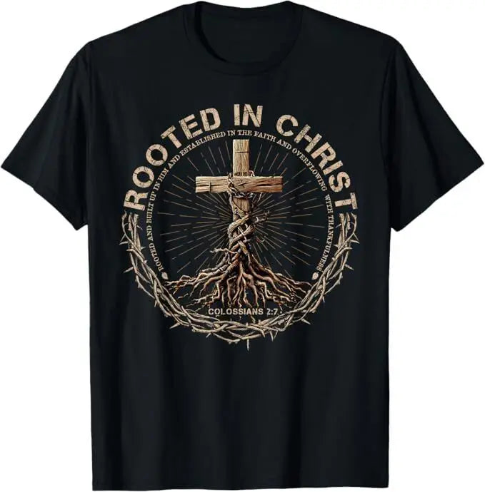 T-Shirt Chrétien Homme “Rooted in Christ” – Colossiens 2:7 – Tee-Shirt Foi Masculin du S au XXXL (Bleu, Rouge, Noir, Gris)