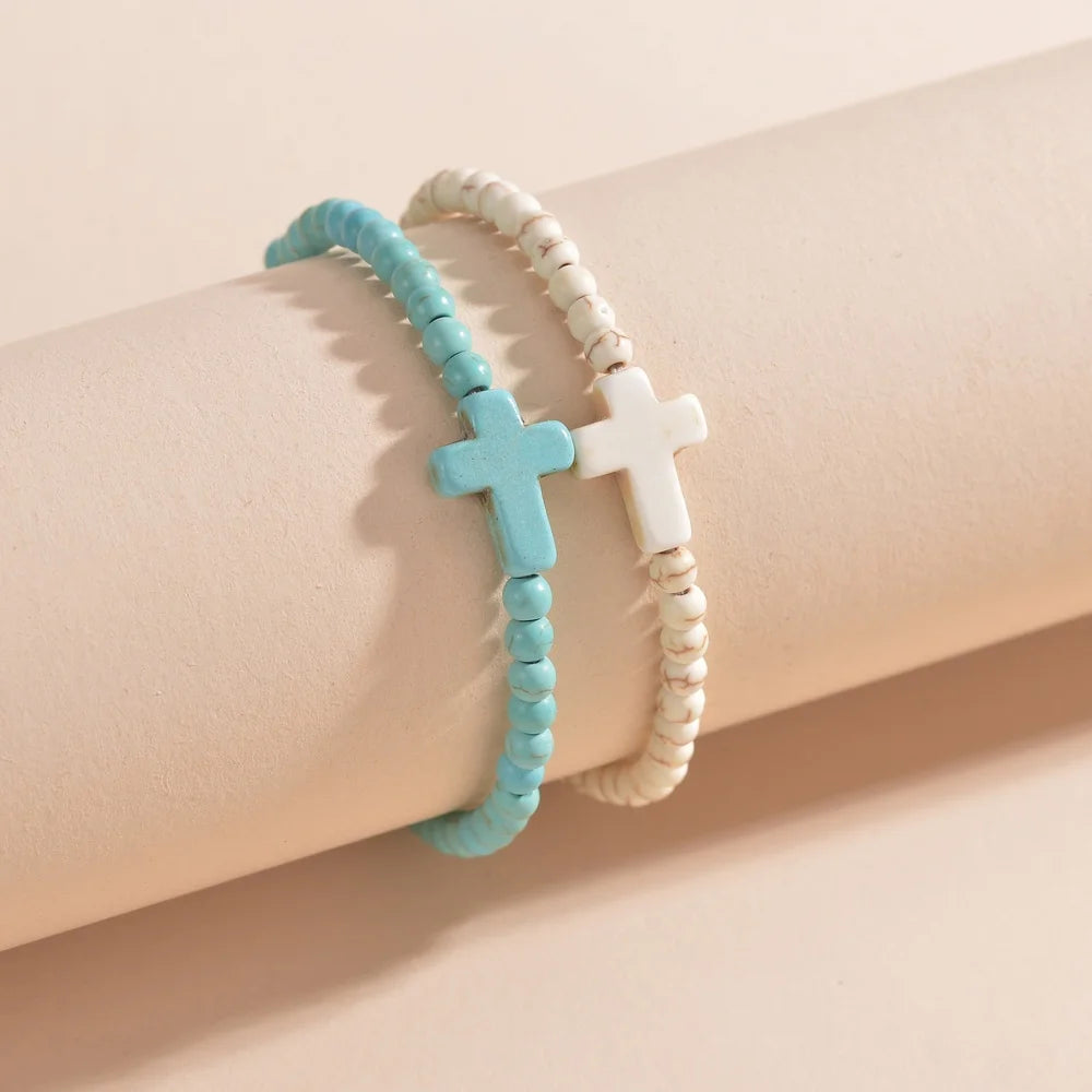 Duo de Bracelets Croix – Turquoise & Ivoire